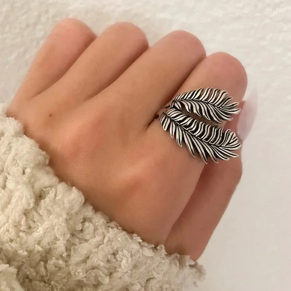 925 Sterling Silver Large Fan Palm Leaf Ring Feather Ring Chunky Statement Ring - Picture 1 of 8